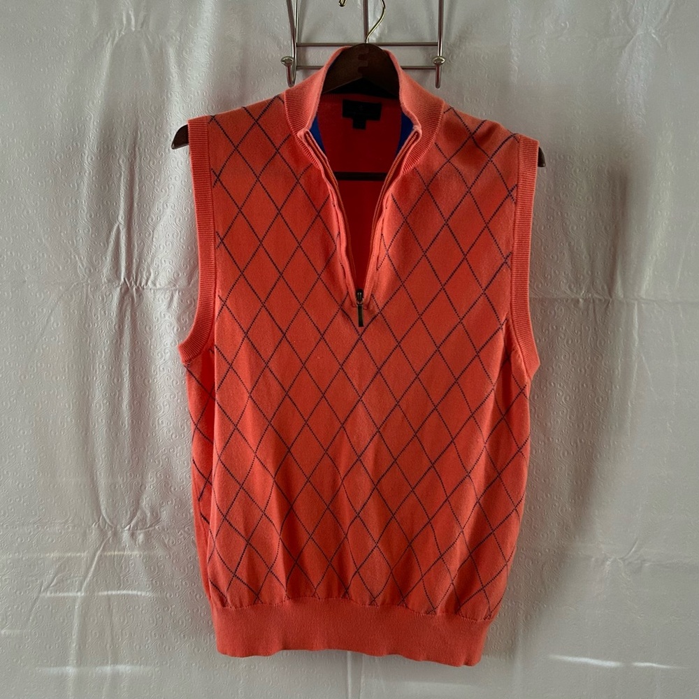 Men’s Brooks Brothers Preppy Argyle Coral/Blue 1/4 Zip Cotton Vest Size Large - Picture 3 of 7
